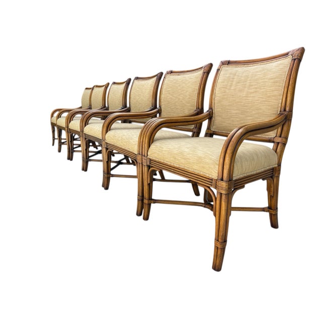 Late 20th Century Vintage Organic Modern Rattan Dining Chairs With Arms and Upholstered Seats | Set of 6 For Sale - Image 5 of 10
