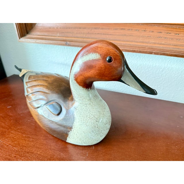1980’s Vintage Hand-Carved Pintail Duck Decoy – Rustic Americana Folk Art by Wooden Duck Factory For Sale In Los Angeles - Image 6 of 12