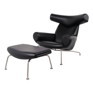Set of Model EJ100 Ox Chair with Ottoman in Black Leather by Hans J. Wegner for Fredericia, 1960s For Sale
