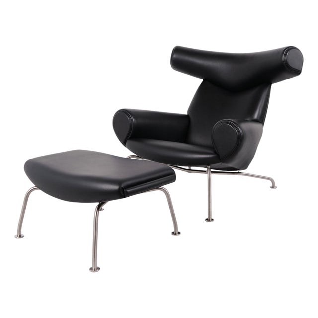 Set of Model EJ100 Ox Chair with Ottoman in Black Leather by Hans J. Wegner for Fredericia, 1960s For Sale