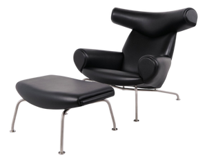 Set of Model EJ100 Ox Chair with Ottoman in Black Leather by Hans J. Wegner for Fredericia, 1960s