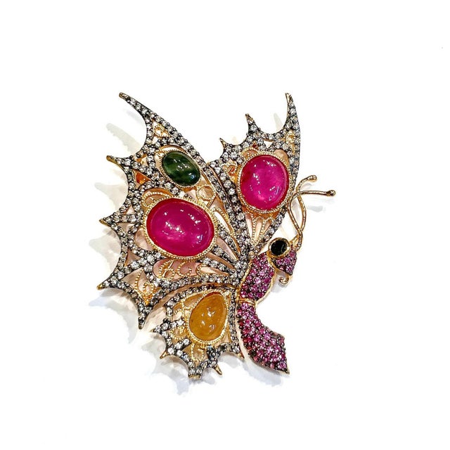 Pink Bochic “Orient” Multi Fancy Sapphire & Ruby Brooch Set In 18K Gold & Silver For Sale - Image 8 of 12