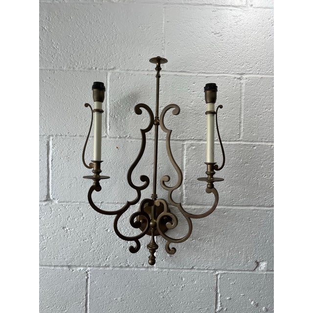 Mid 20th Century Mid 20th Century Spanish Revival Iron Wall Sconces With Tole Shades, Hollywood Regency Lighting For Sale - Image 5 of 11
