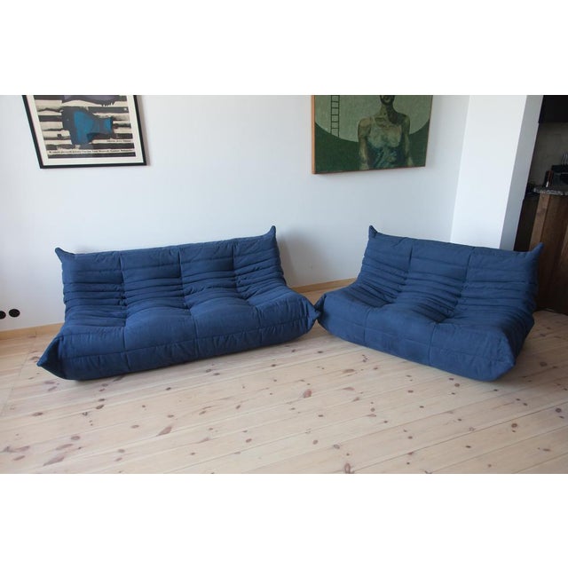 Blue Set of Blue Microfiber Togo 2- and 3-Seat Sofa by Michel Ducaroy for Ligne Roset For Sale - Image 8 of 8