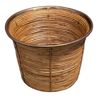 Rattan & Brass Floor Vessel For Sale