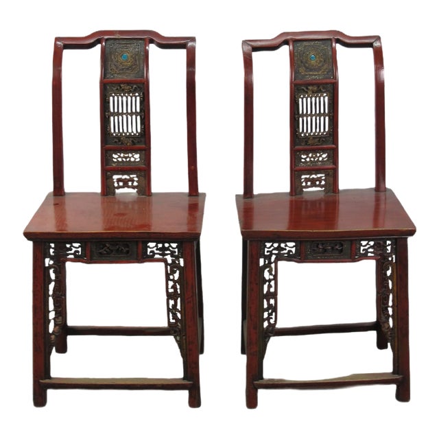 Pair Antique Chinese Blue Eye Side Chairs For Sale