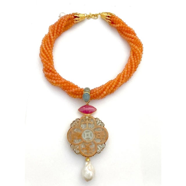 Contemporary Bochic “Orient” Ruby, Cornelian, Jade, Aquamarine & Pearl Necklace Drop For Sale - Image 3 of 9