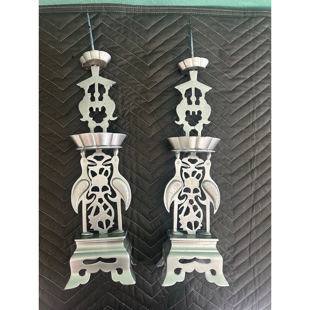 Chinese Pair of Early-Mid 20th Century Chinese Silver-Finished Brass Altar Candlesticks – Cranes & Fish For Sale - Image 3 of 9