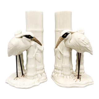 1970's Fitz & Floyd Japanese White Crane Candlesticks With Bamboo Bases – Hollywood Regency / Chinoiserie For Sale