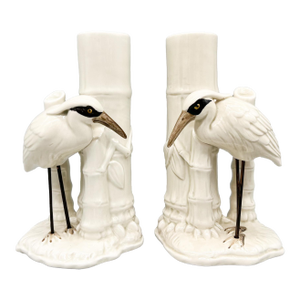 1970's Fitz & Floyd Japanese White Crane Candlesticks With Bamboo Bases – Hollywood Regency / Chinoiserie