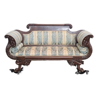Antique American Empire Style Carved Mahogany Sofa Paw Feet Wedgewood Fabric For Sale