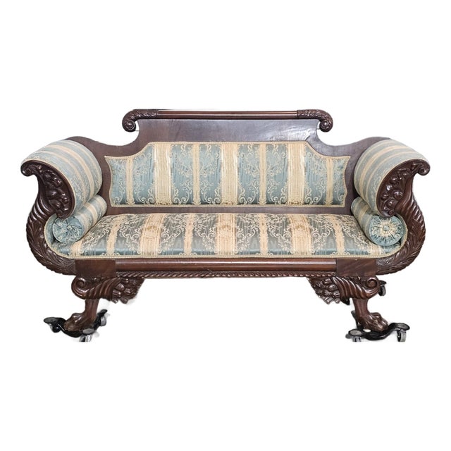 Antique American Empire Style Carved Mahogany Sofa Paw Feet Wedgewood Fabric For Sale