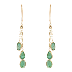 18k Solid Yellow Gold Precious Emerald Stone Chain Earring - 2 Pieces
