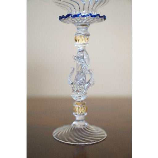 Vintage Venetian Murano-Style Dolphin Stem Glass Compote With Cobalt Rim For Sale - Image 4 of 9
