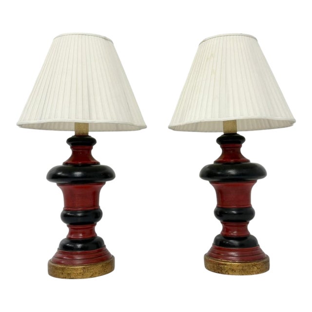 1960s Red Black & Gilt Ceramic Table Lamps, American Modern - a Pair For Sale