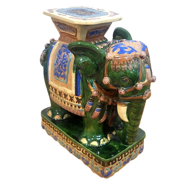 Mid 20th Century Pair Vintage Chinese Asian Glazed Terracotta Elephant Garden Stool Table Benches For Sale - Image 5 of 18