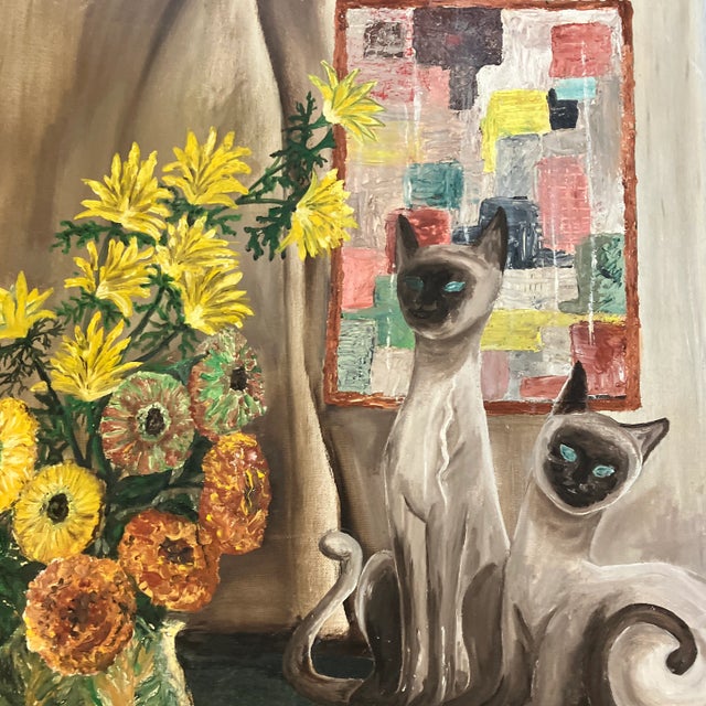 Mid-Century Modern 1960’s Original Interior Still Life Painting With Siamese Cats Hand Made Frame For Sale - Image 3 of 5