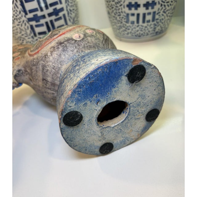 Vintage Thai Terracotta Rooster Bird Sculptures Hand Painted Folk Art – A Pair For Sale - Image 13 of 18