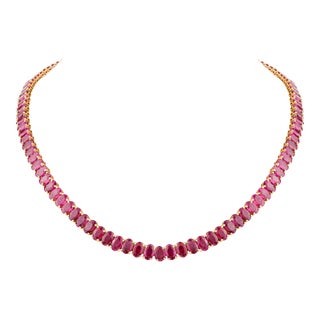 56.53 Ct Oval Cut Ruby Tennis Necklace in 18k Yellow Gold For Sale