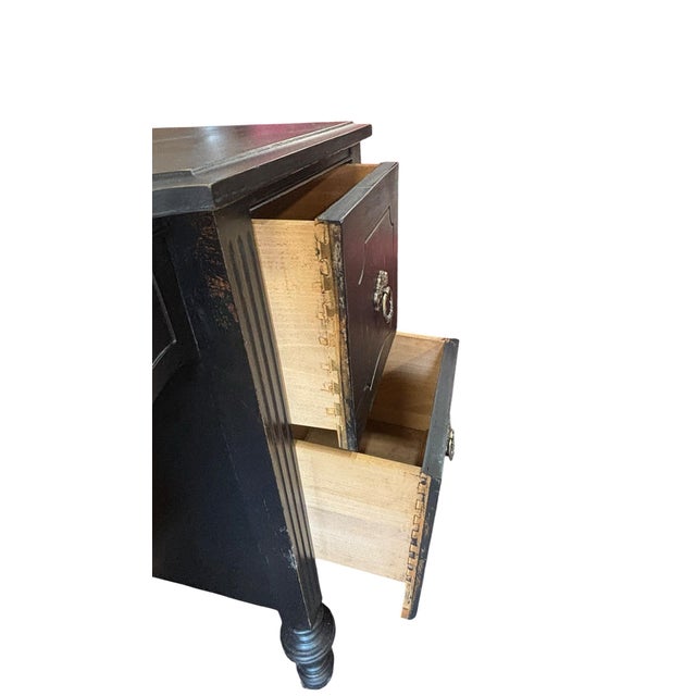 Vintage Black Art Deco Vanity With Three-Part Mirror, Carved Wood & Ring Pull Hardware For Sale - Image 9 of 10