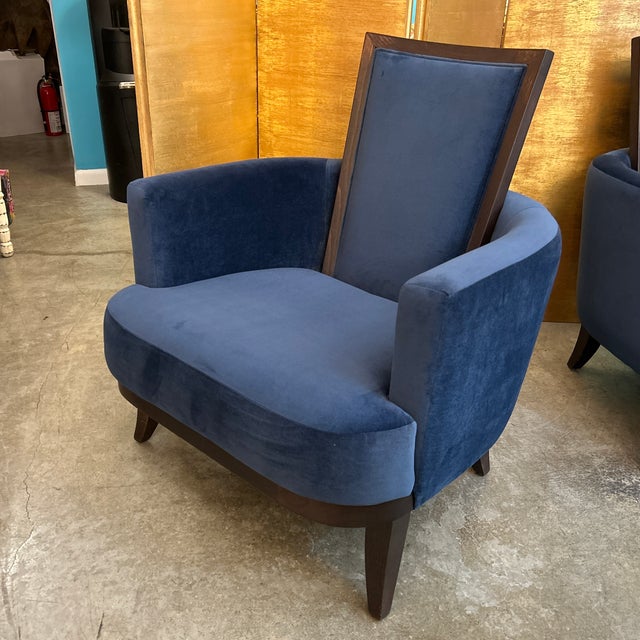 Navy Blue Mid Century Modern Plush Navy Cushion and Wood Arm Chair For Sale - Image 8 of 10