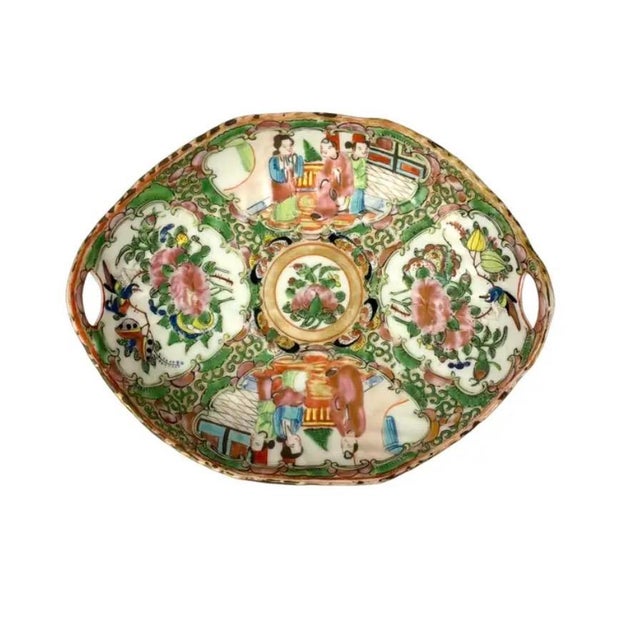 Ceramic Chinese Famille Rose Porcelain Oval Trinket Bowl With Handles For Sale - Image 7 of 7