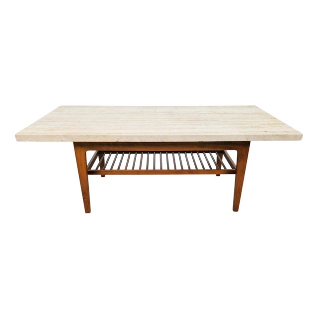 Mid-Century Teak Coffee Table with Travertine Top, 1960s For Sale