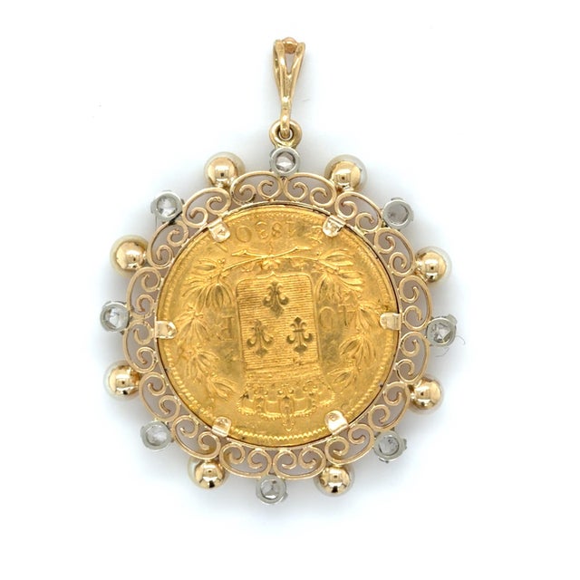 Modern Vintage, Charles X French 40 Francs Coin, Diamond and Cultured Pearl Pendant For Sale - Image 3 of 7