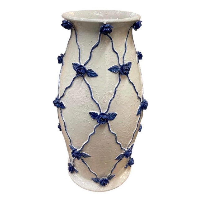 Italian Vintage Italian Hand-Crafted Ceramic Lattice & Cobalt Blue Rose Urn Vase For Sale - Image 3 of 12