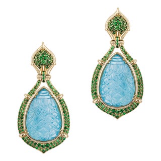 Pear Shape Carved Aquamarine Earrings with Tsavorite, A Pair For Sale