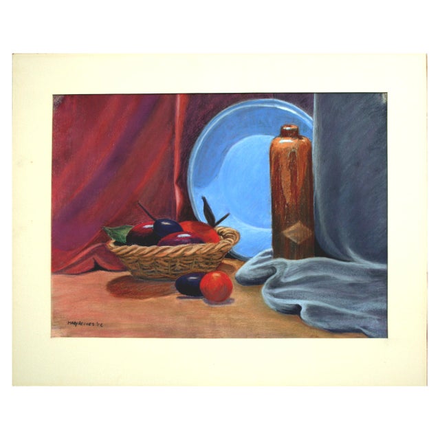 Still life of fruit basket and plate with rich, velvety surface treatment done in oil pastel. Signed and dated lower left...