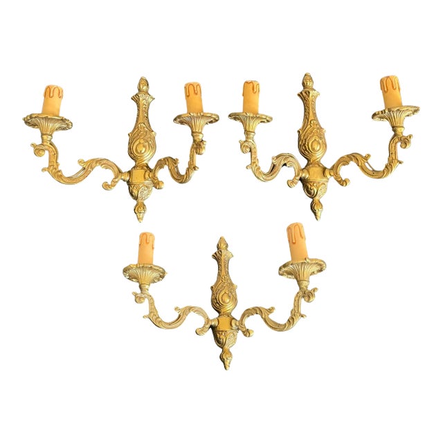 Set of 3 Rococo Style Gilt Bronze Two Light Sconces, Circa 1880 For Sale