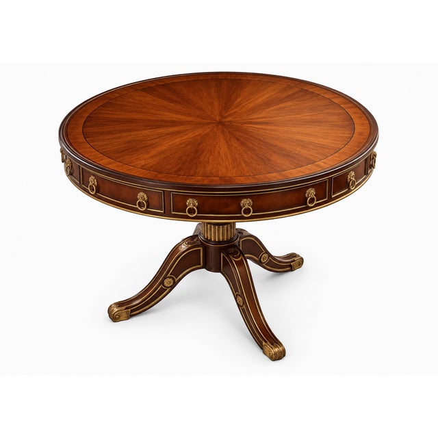 Handsome Theodore Alexander Regency-style mahogany drum table featuring a striking radial sunburst veneer top and...