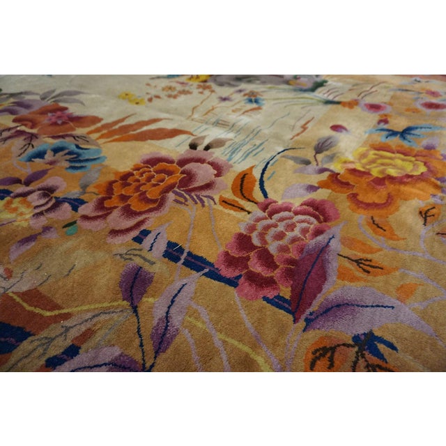 1920s Ivory Scenic Floral Antique Chinese Art Deco Rug 8'10" X 11'6" Handknotted Wool Carpet For Sale - Image 10 of 18