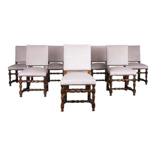 Antique French Louis XIII Style Oak Dining Chairs W/ Beige Velvet - Set of 8 For Sale