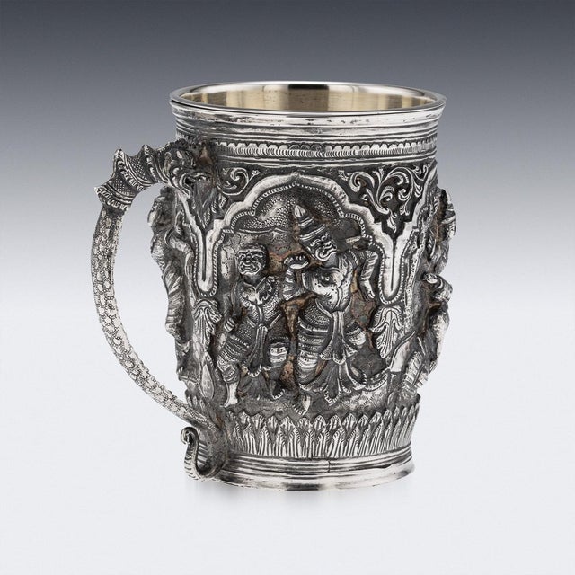 Antique 19th Century Burmese Silver Repoussé Jataka Tales Mug, 1890 For Sale - Image 6 of 16