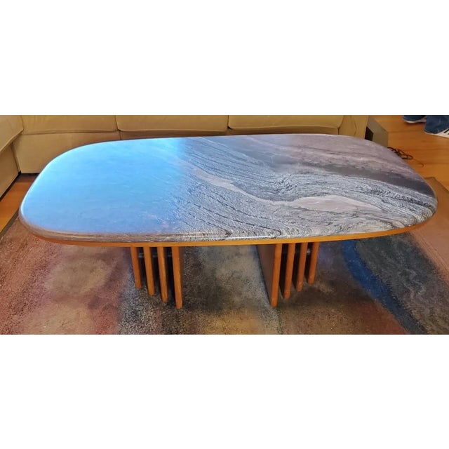 Dove Gray Vintage 1960s Swedish Mid-Century Modern Marble and Teak Coffee Table by Bendixen – Oval Swirl Marble Top With Sculptural Fluted Pedestals For Sale - Image 8 of 10