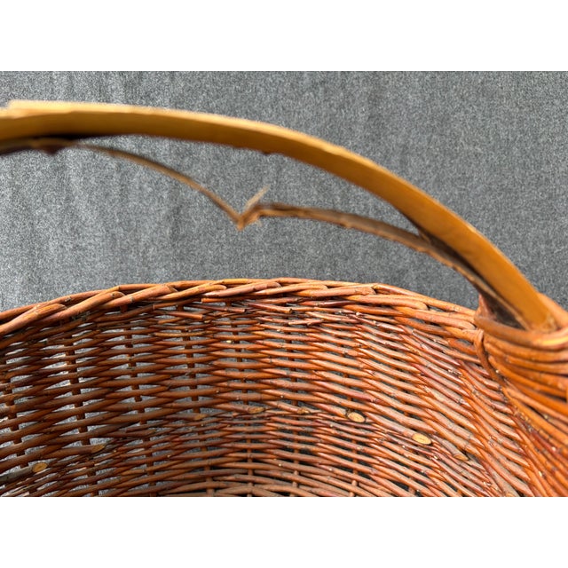 Large Antique Hand Woven Willow Gathering Basket Branch Handle For Sale - Image 11 of 17