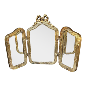 Antique Italian Giltwood Tri-Fold Mirror With Ribbon Crest Hollywood Regency