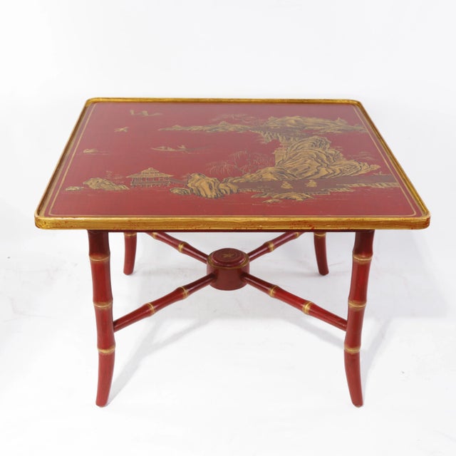 Chinoiserie Pair of Vintage Chinoiserie Red Lacquer Side Tables With Faux Bamboo Legs For Sale - Image 3 of 18