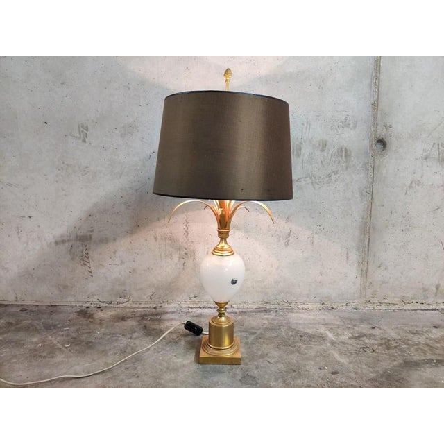 Brown Brass and Opaline Pineapple Leaf Table Lamp, 1960s For Sale - Image 8 of 12