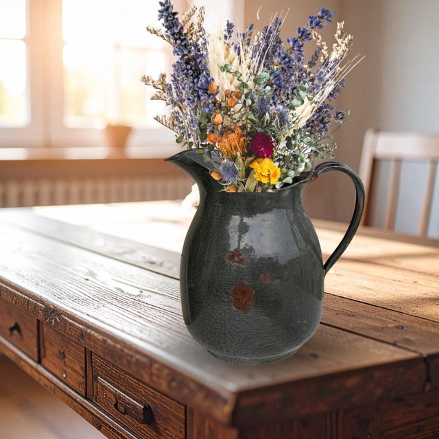 Large vinatge gray enameled pitcher with rust spots. Rustic kitchen decor, Kitchen accessory, vase, watering can. Kitchen...