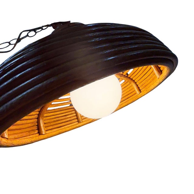 Wood 1960s Restored Mid-Century Hanging Rattan Ceiling Lamp Chandiler W/ Center Globe For Sale - Image 7 of 9