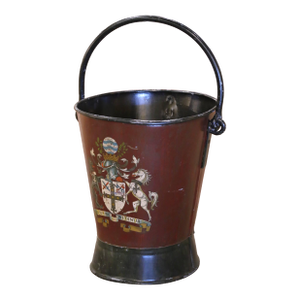 Early 20th Century English Hand-Painted Iron Fire or Coal Bucket With Crest