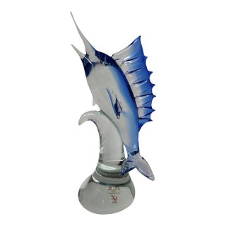Wave Murano Glass - Blue Marlin Sculpture For Sale