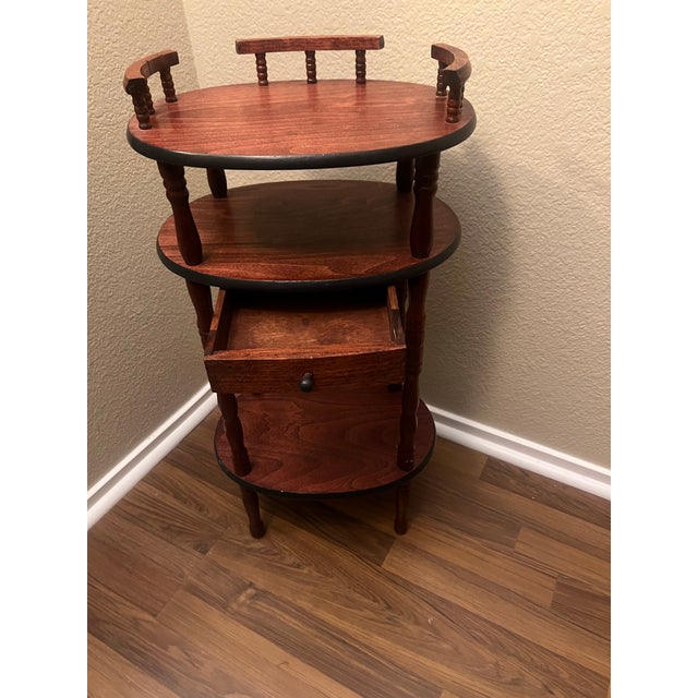 Vintage Solid Wood 3-Tier Round Accent Table W/ Drawer – Early American Colonial Style For Sale - Image 9 of 9