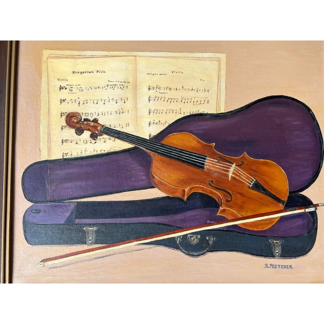 Textile 1960's Betty Pletzner Violin Music Instrument Impressionist Oil Painting, Framed For Sale - Image 7 of 13