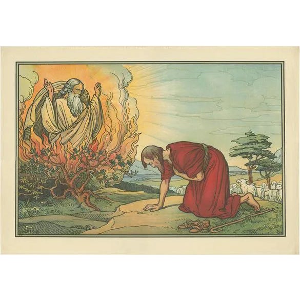 Philipp Schumacher, Religious Illustration of Moses and the Burning Bush, 1913, Print For Sale