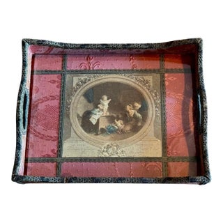 Antique French Silk Serving Tray-Hand Colored Stipple Engraving-Fragonard-Vanity For Sale