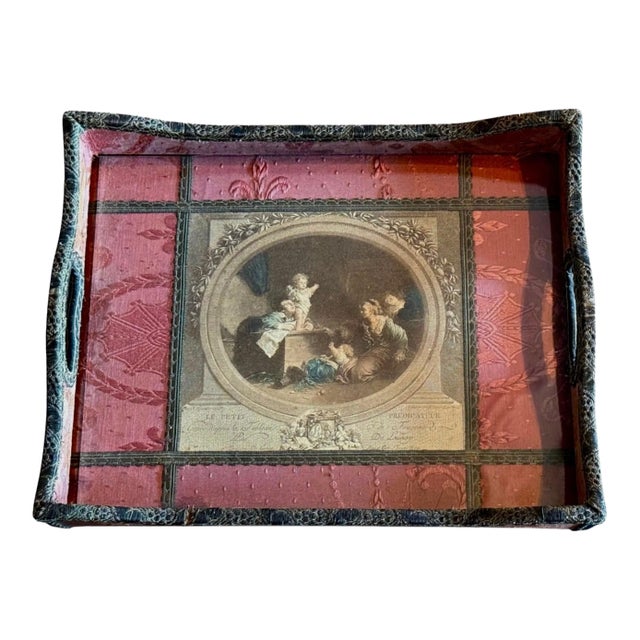 Antique French Silk Serving Tray-Hand Colored Stipple Engraving-Fragonard-Vanity For Sale